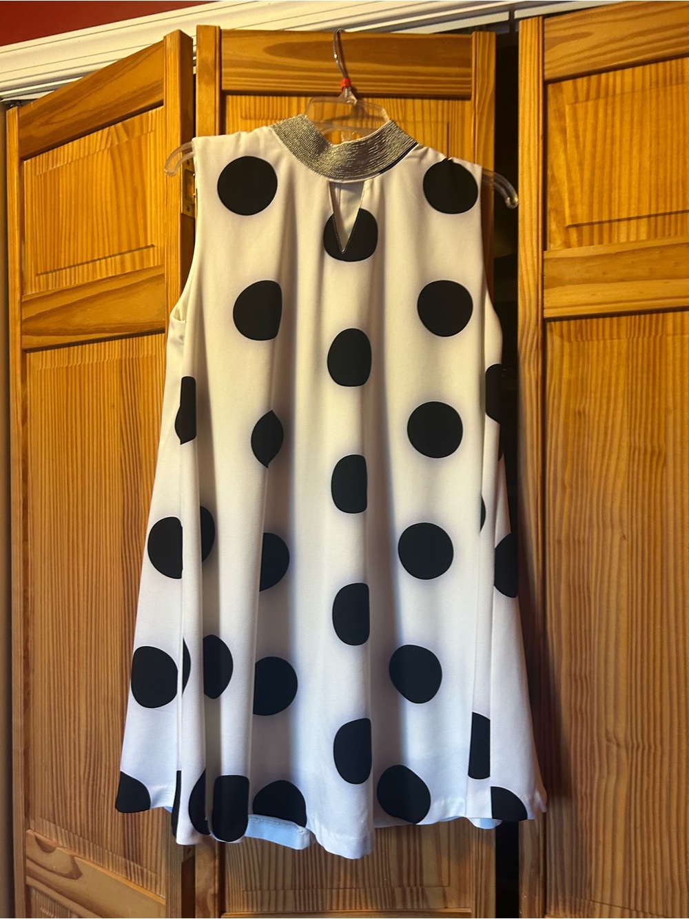 Sleeveless White Shift Dress with Black Polka Dots- short